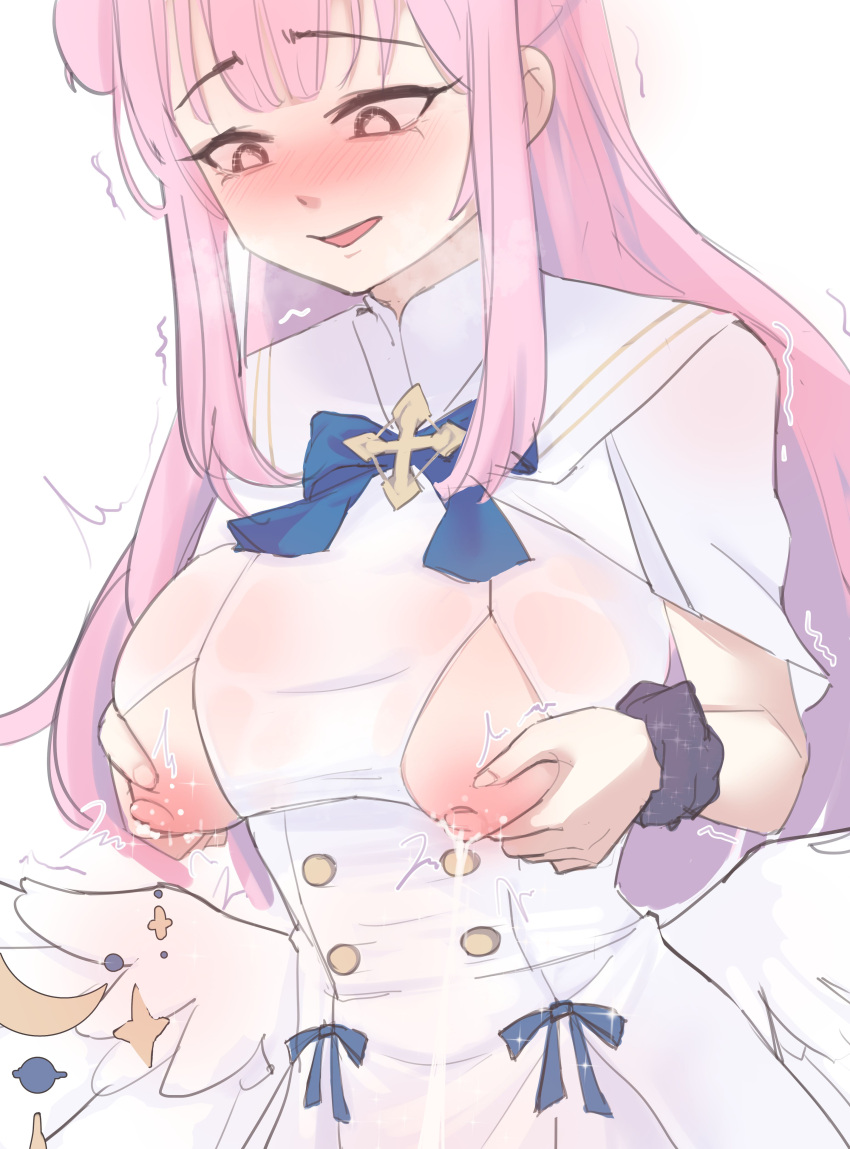 1girl absurdres blue_archive blue_bow blue_bowtie blush bow bowtie breasts buttons capelet cchiii double-breasted dress highres lactation large_breasts long_hair low_wings mika_(blue_archive) nipples open_mouth pink_hair scrunchie sidelocks simple_background smile solo trembling white_background white_capelet white_dress white_wings wings wrist_scrunchie