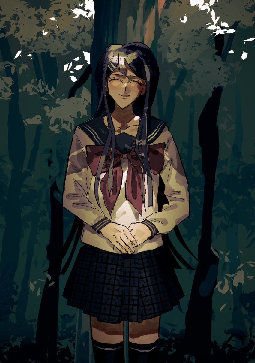 1girl absurdres black_thighhighs blue_sailor_collar bow bowtie closed_mouth collarbone danganronpa:_trigger_happy_havoc danganronpa_(series) facing_viewer forest hair_ornament hairclip highres long_hair long_sleeves maizono_sayaka miniskirt nature outdoors plaid plaid_skirt pleated_skirt red_bow red_bowtie sailor_collar shiganai_man shirt skirt smile solo thighhighs tree white_shirt zettai_ryouiki