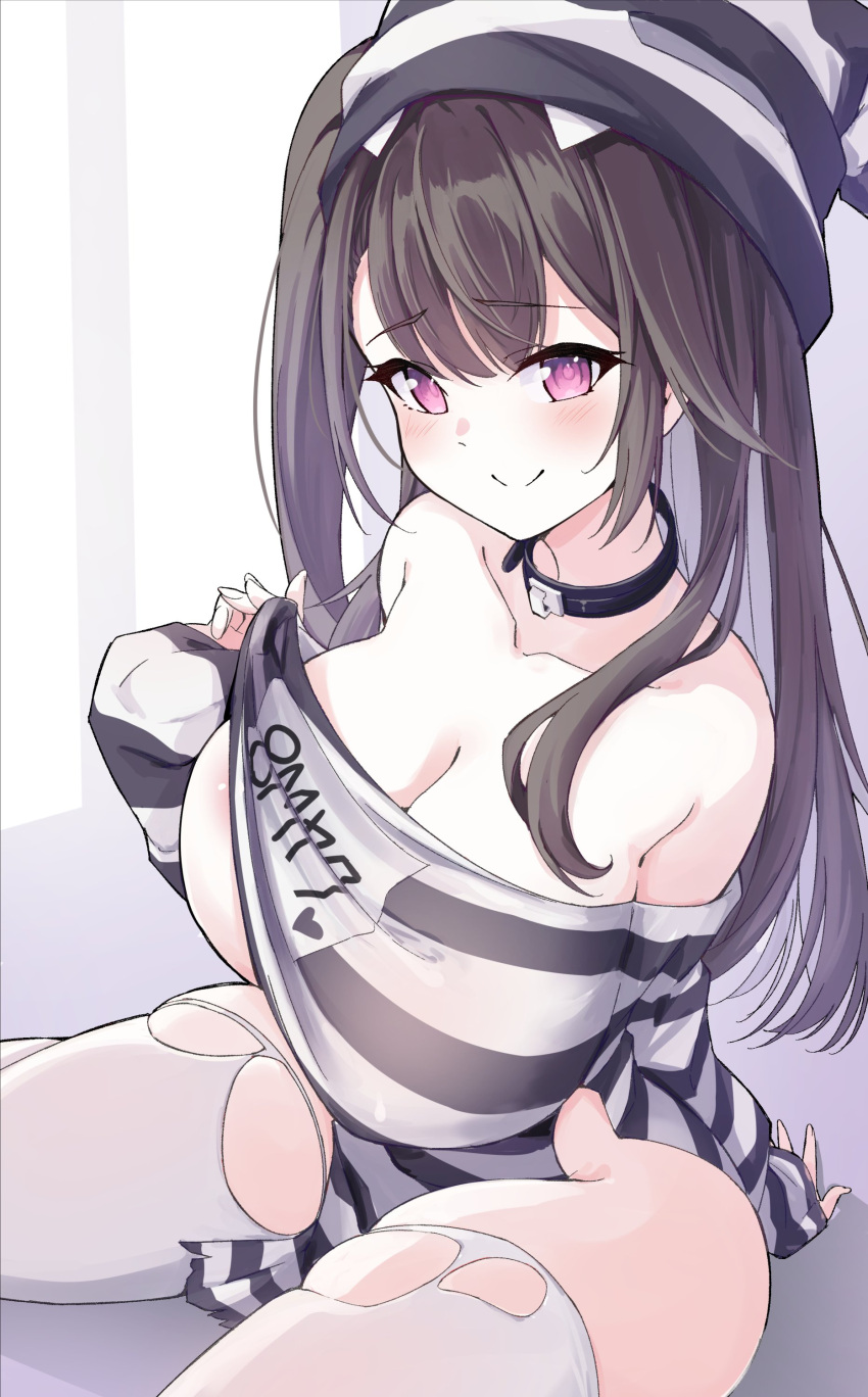 1girl absurdres azur_lane bare_shoulders black_collar black_hair blush breasts cleavage closed_mouth collar collarbone hand_rest hand_up heart highres huge_breasts leer.meer long_hair long_sleeves looking_at_viewer official_alternate_costume one_side_up pamiat_merkuria_(azur_lane) pamiat_merkuria_(caged_minx)_(azur_lane) pink_eyes prison_clothes sitting smile solo thighhighs torn_clothes torn_thighhighs white_thighhighs