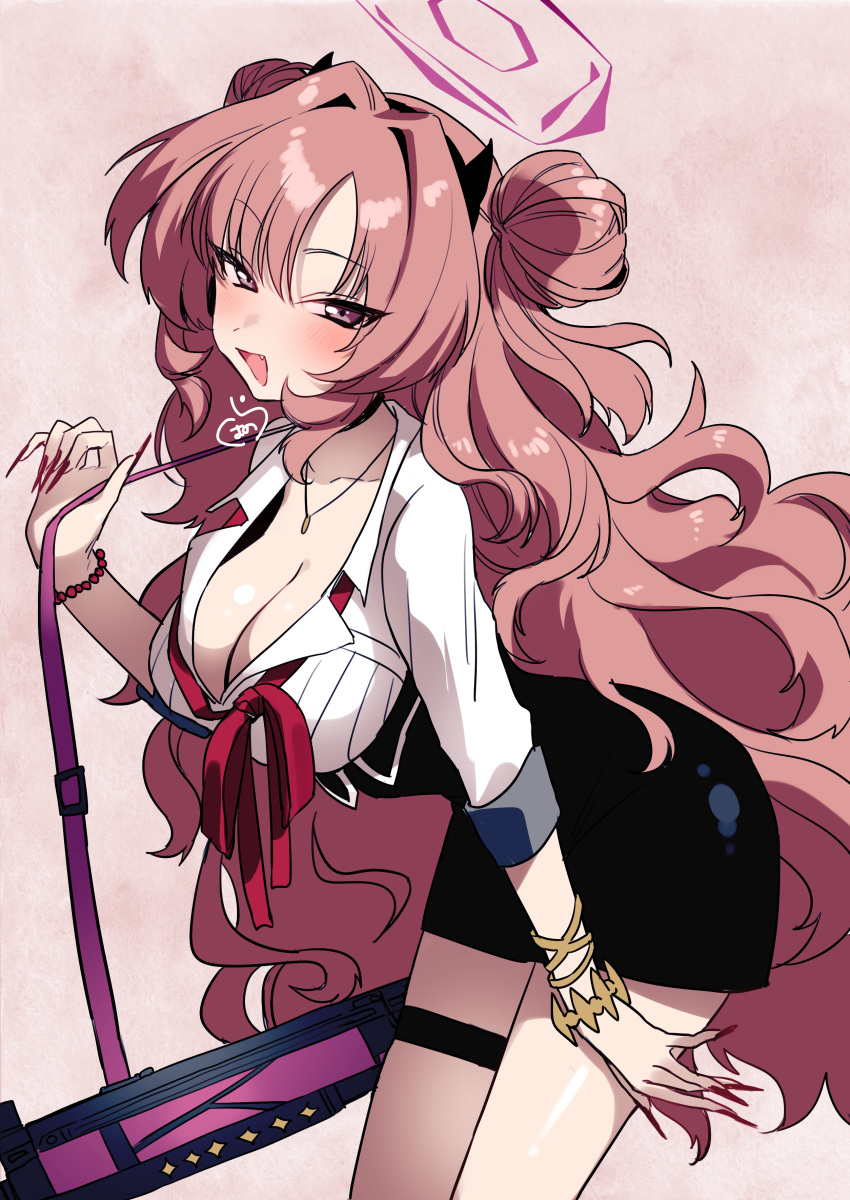 1girl absurdres black_horns black_skirt blue_archive bracelet breasts cleavage collar commentary_request double_bun hair_bun halo highres horns jewelry kirara_(blue_archive) large_breasts long_hair long_sleeves looking_at_viewer necklace pink_background pink_hair pink_halo purple_eyes red_ribbon ribbon shirt skirt solo thigh_strap very_long_hair white_shirt zuoye