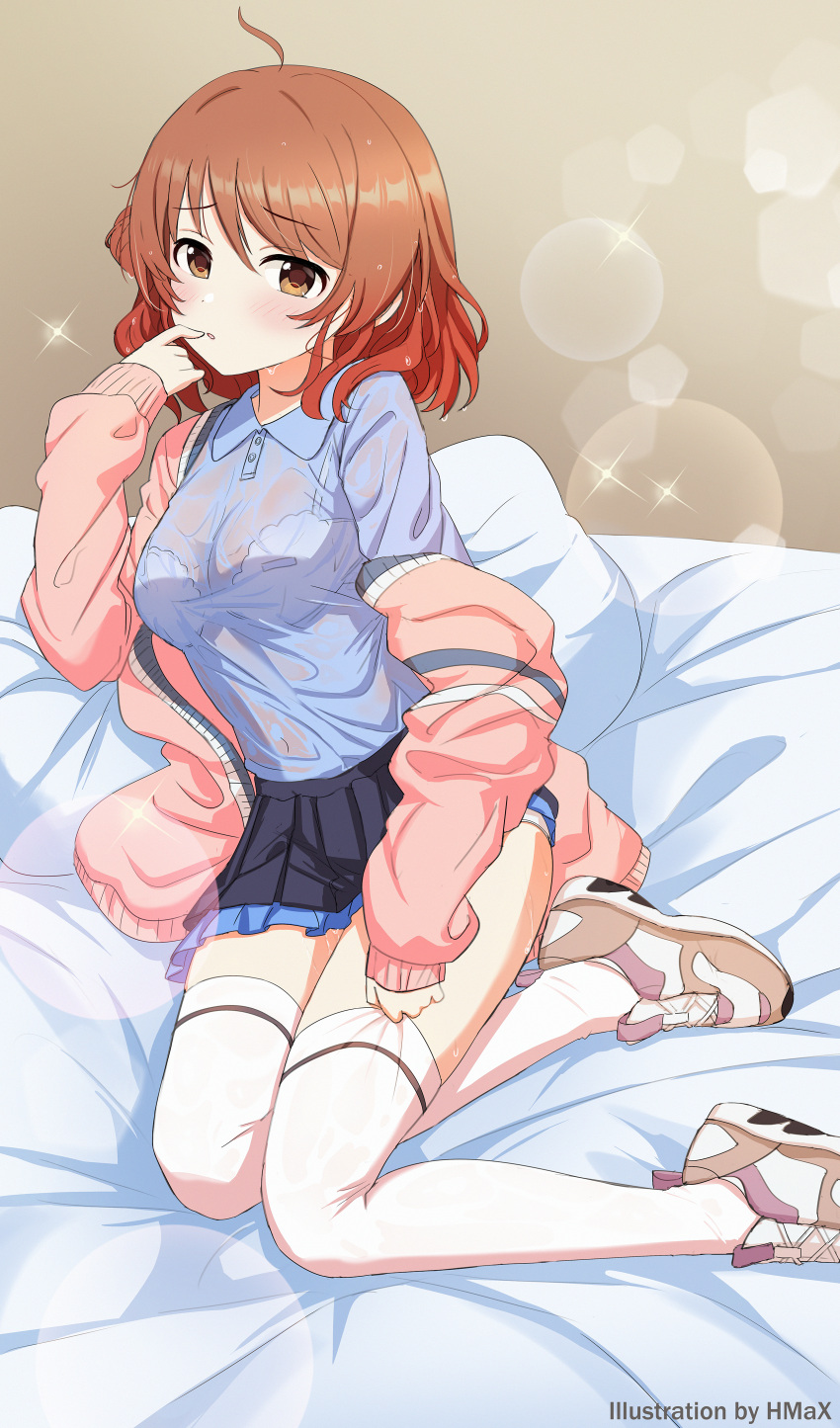 1girl absurdres artist_name bed_sheet black_skirt blue_shirt blush bra bra_visible_through_clothes breasts brown_eyes brown_hair commentary_request hand_to_own_mouth highres hmax idolmaster idolmaster_cinderella_girls jacket looking_at_viewer medium_breasts medium_hair miniskirt off_shoulder open_clothes open_jacket panties parted_lips pillow pink_jacket pleated_skirt see-through see-through_shirt shimamura_uzuki shirt shoes sitting skirt sneakers solo thighhighs underwear wet wet_clothes wet_shirt white_bra white_panties white_thighhighs yokozuwari