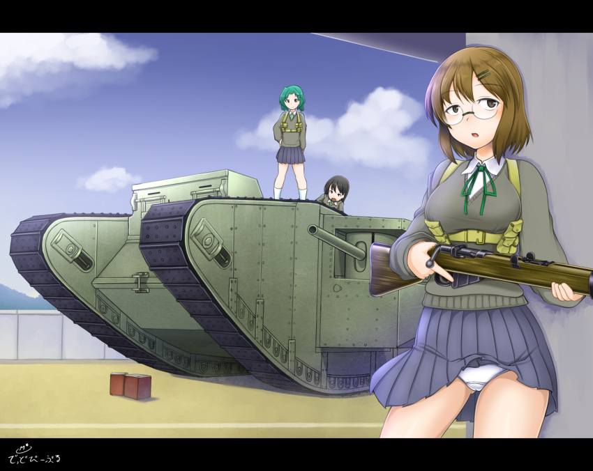 3girls black_hair bolt_action box breasts brown_hair caterpillar_tracks cloud day dead_people glasses green_hair ground_vehicle gun highres mark_iv_tank medium_breasts military military_vehicle motor_vehicle multiple_girls original panties revision ribbon rifle school_uniform short_hair sky tank tree underwear wall weapon white_panties wind wind_lift world_war_i