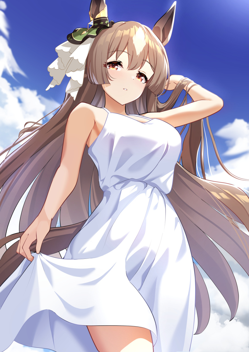 1girl absurdres animal_ears blush breasts brown_eyes brown_hair cloud cowboy_shot day dress highres horse_ears horse_girl horse_tail large_breasts long_hair looking_at_viewer open_mouth outdoors satono_diamond_(umamusume) sleeveless sleeveless_dress solo sundress sunny_(20597521) tail umamusume white_dress