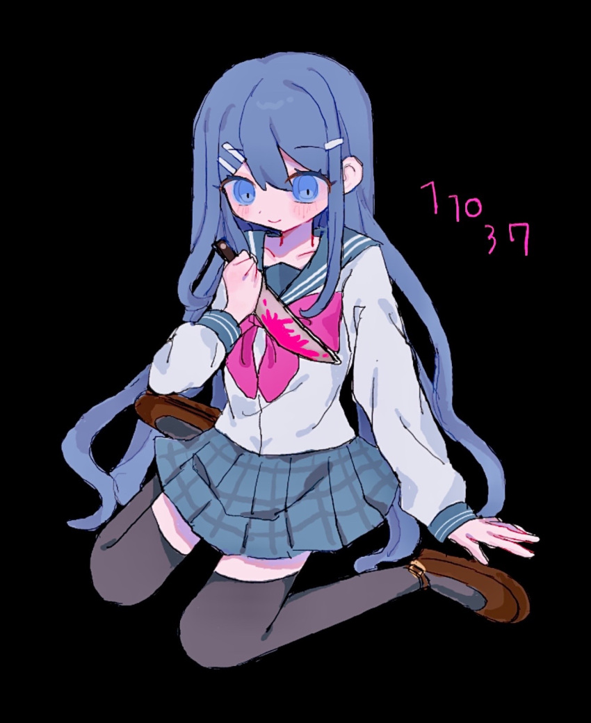 1girl black_sailor_collar black_thighhighs blue_eyes blue_hair bow bowtie brown_footwear closed_mouth danganronpa:_trigger_happy_havoc danganronpa_(series) dated hair_ornament hairclip highres holding holding_knife knife long_hair long_sleeves maizono_sayaka miniskirt pink_bow pink_bowtie plaid plaid_skirt pleated_skirt sailor_collar simple_background skirt smile solo thighhighs u_u_(16557)