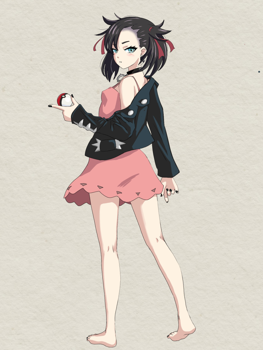 1girl barefoot black_collar black_jacket blush collar commentary_request dress earrings eyelashes full_body green_eyes hair_ribbon hand_up highres holding holding_poke_ball jacket jewelry kneepits long_sleeves looking_at_viewer marnie_(pokemon) nail_polish off_shoulder pink_dress poke_ball poke_ball_(basic) pokemon pokemon_swsh red_ribbon ribbon solo standing toenail_polish toenails toes zenbrush2