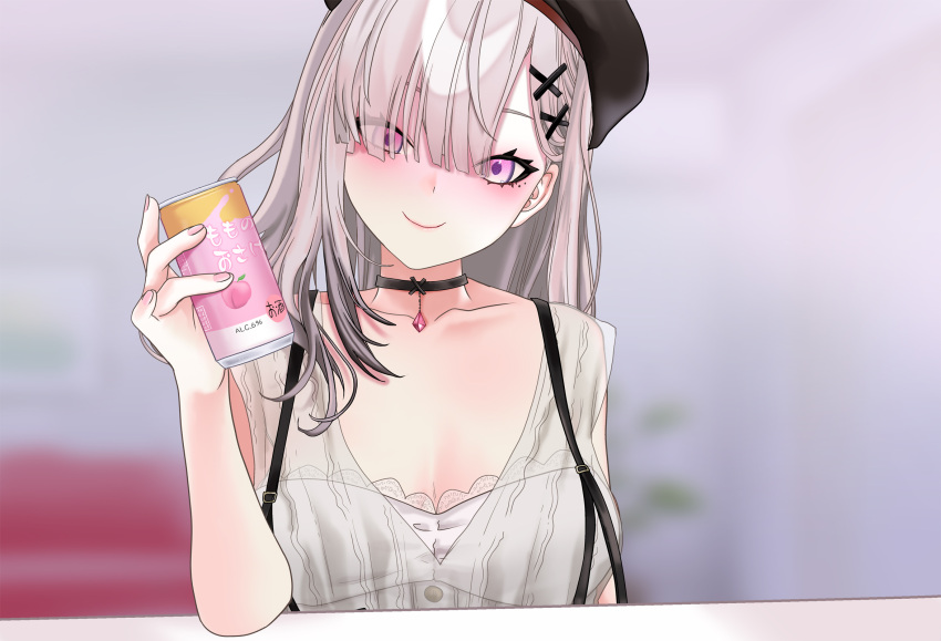 1girl beret blush breasts can choker cleavage eyeliner hair_over_one_eye hat head_tilt highres holding holding_can jelly_fish long_hair looking_at_viewer makeup nail_polish nijisanji pink_nails purple_eyes see-through sleeveless smile solo sukoya_kana virtual_youtuber white_hair