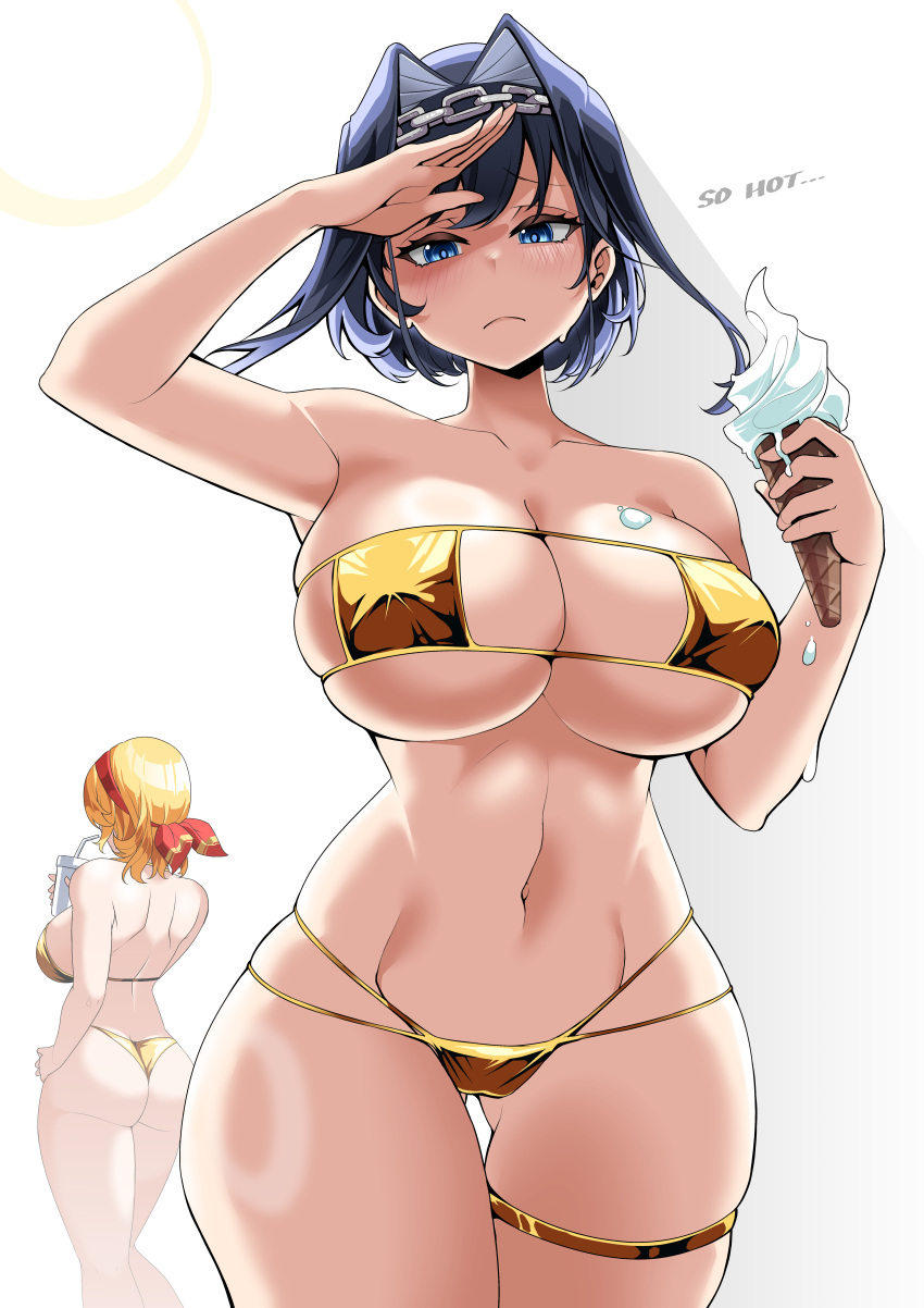 2girls absurdres arms_up ass bikini blonde_hair blue_eyes blue_hair breasts chain_headband collarbone cup drinking_straw english_text eyepatch_bikini food hair_intakes hairband highres holding holding_food holding_ice_cream hololive hololive_english hololive_indonesia ice_cream ice_cream_cone kaela_kovalskia large_breasts looking_at_viewer multiple_girls navel ouro_kronii saltnvalk short_hair simple_background swimsuit virtual_youtuber white_background yellow_bikini