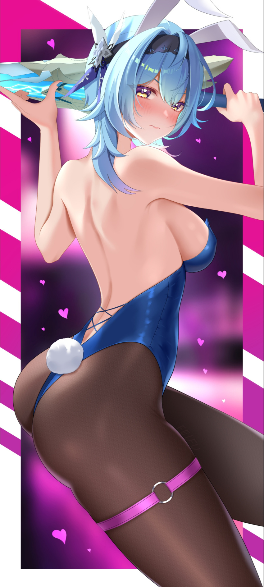 1girl absurdres alternate_costume animal_ears backless_leotard bare_arms bare_back bare_shoulders black_hairband blue_hair blue_leotard blush brown_pantyhose commentary_request eula_(genshin_impact) fake_animal_ears feifu genshin_impact hairband highres leotard long_hair looking_at_viewer pantyhose playboy_bunny rabbit_ears rabbit_tail solo tail thigh_strap thighs