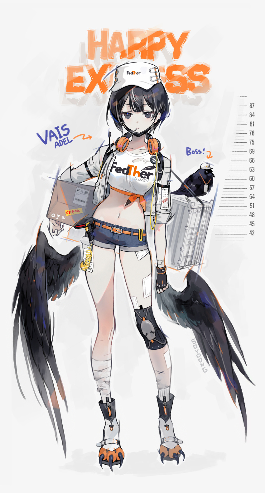 1girl absurdres bandaged_leg bandages barcode_scanner bird black_eyes black_hair box breasts candy crop_top ear_piercing english_text expressionless feathered_wings food food_in_mouth hat headphones headphones_around_neck highres jacket lollipop low_wings medium_breasts midriff multicolored_hair open_clothes open_jacket original piercing shirt short_hair short_shorts shorts solo soyoong_jun streaked_hair white_hat white_jacket white_shirt wings