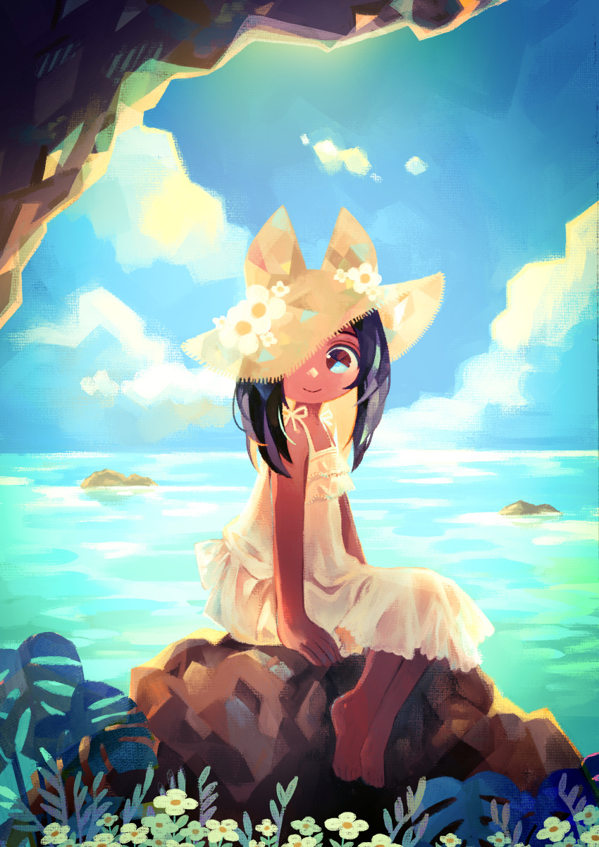 1girl absurdres animal_hat bare_arms bare_shoulders barefoot binzoko_paroma black_hair blonde_hair blue_sky cat_hat closed_mouth cloud colored_inner_hair dress flat_chest flower frilled_dress frills from_side full_body hat hat_flower hat_over_one_eye highres horizon leaf long_hair looking_to_the_side multicolored_hair ocean on_rock one_eye_covered original outdoors rock sitting sitting_on_rock sky smile solo summer sun_hat sundress water white_dress white_flower yellow_hat