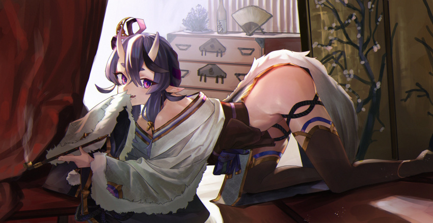 1girl absurdres all_fours bare_shoulders black_hair bottle chest_of_drawers commentary_request curtains fan fang full_body fur_trim gold_trim gyojin hair_between_eyes hair_ornament hair_stick hair_tubes highres horns indoors japanese_clothes kimono kiseru lavender_hair long_hair long_sleeves looking_at_viewer mole mole_under_mouth multicolored_hair nijisanji obi off-shoulder_kimono oni oni_horns paper_fan pelvic_curtain pipe pointy_ears pom_pom_(clothes) purple_eyes rindou_mikoto sash short_eyebrows skin-covered_horns sleeves_past_fingers sleeves_past_wrists smile solo streaked_hair thick_eyebrows thigh_strap thighhighs uchiwa virtual_youtuber wide_sleeves