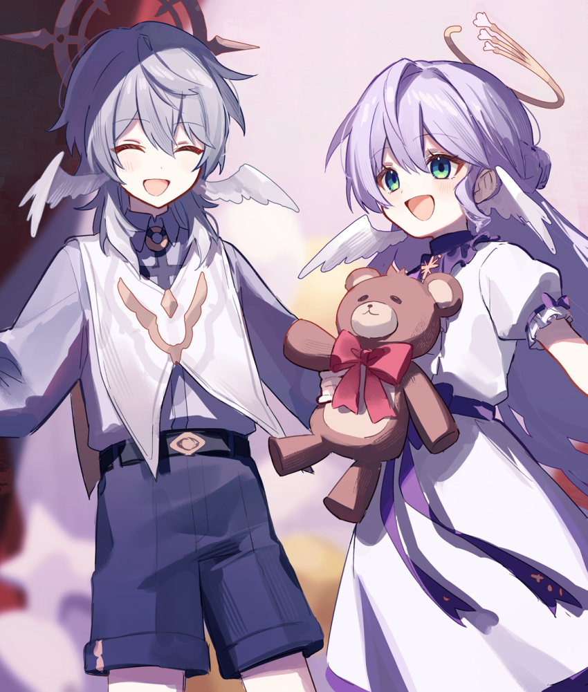 1boy 1girl 32_oogawa :d ^_^ aged_down belt black_belt black_shorts blurry blurry_background blush bow bowtie brother_and_sister closed_eyes collared_shirt dress feathered_wings frilled_sleeves frills green_eyes grey_hair hair_between_eyes hair_over_shoulder halo halo_behind_head happy head_wings highres holding holding_stuffed_toy honkai:_star_rail honkai_(series) long_hair long_sleeves medium_hair open_mouth puffy_long_sleeves puffy_short_sleeves puffy_sleeves purple_bow purple_hair purple_ribbon purple_shirt red_bow red_bowtie ribbon robin_(honkai:_star_rail) shirt short_sleeves shorts siblings sidelocks smile standing stuffed_animal stuffed_toy sunday_(honkai:_star_rail) teddy_bear very_long_hair vest white_dress white_vest white_wings wing_collar wings