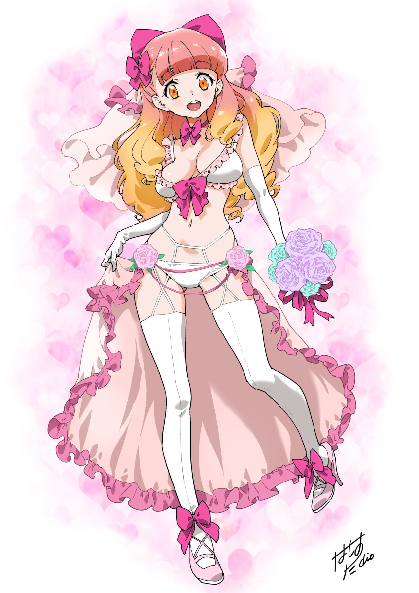 1girl absurdres aikatsu!_(series) aikatsu_friends! bikini blonde_hair blush bouquet bow breasts bride flower frilled_bikini frills full_body garter_straps gradient_hair hair_bow hashiguchi_takashi highres holding holding_bouquet long_hair looking_at_viewer medium_breasts multicolored_hair open_mouth orange_eyes pink_flower pink_hair pink_rose rose smile solo swimsuit thighhighs veil white_bikini white_thighhighs yuki_aine