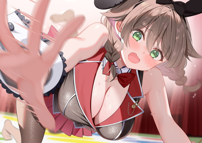 1girl @_@ animal_ears bare_shoulders black_vest blush bow bowtie braid breasts brown_hair bunny_garden cleavage fake_animal_ears falling green_eyes kana_(bunny_garden) large_breasts piyopoyo playboy_bunny pleated_skirt rabbit_ears red_bow red_bowtie red_skirt skirt twin_braids twister vest