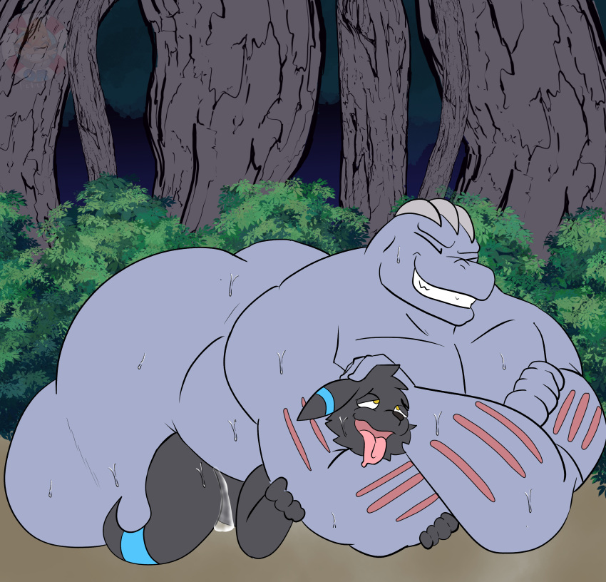 2024 absurd_res alex_(epic_alex_furry) ambiguous_gender anthro big_dom_small_sub black_body black_fur bodily_fluids chokehold cum digital_drawing_(artwork) digital_media_(artwork) dominant dominant_male duo eeveelution forest forest_background fur generation_1_pokemon generation_2_pokemon genital_fluids grey_body hi_res machoke male male/ambiguous male_(lore) muscular nature nature_background nintendo nude oceanrockz open_mouth outside outside_sex pecs plant pokemon pokemon_(species) pokemorph sex shiny_pokemon size_difference smile tail tongue tongue_out tree umbreon