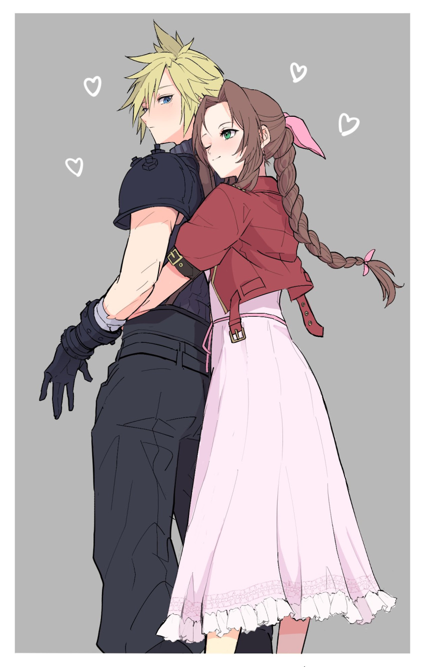 1boy 1girl 26caaan aerith_gainsborough armor bandaged_arm bandages black_gloves blonde_hair blue_eyes blush border braid braided_ponytail brown_hair cloud_strife cropped_jacket dress feet_out_of_frame final_fantasy final_fantasy_vii final_fantasy_vii_rebirth final_fantasy_vii_remake gloves green_eyes grey_background grey_pants grey_shirt hair_between_eyes hair_ribbon hetero highres hug hug_from_behind jacket long_dress long_hair one_eye_closed pants parted_bangs pink_dress pink_ribbon puffy_short_sleeves puffy_sleeves red_jacket ribbon shirt short_hair short_sleeves shoulder_armor sidelocks single_braid sleeveless sleeveless_turtleneck spiked_hair turtleneck white_border