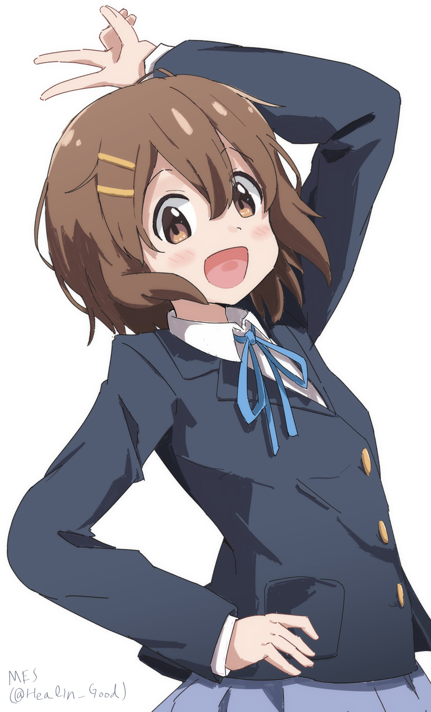 1girl :d absurdres arm_up black_jacket blazer blue_ribbon blush brown_eyes brown_hair collared_shirt furugo-ri280 grey_skirt hair_ornament hairclip hand_on_own_hip highres hirasawa_yui jacket k-on! neck_ribbon open_mouth pleated_skirt ribbon sakuragaoka_high_school_uniform school_uniform shirt short_hair simple_background skirt smile solo tongue v white_background white_shirt winter_uniform