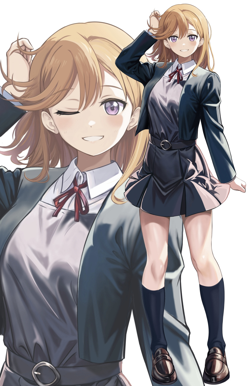 1girl absurdres arm_up belt belt_buckle black_belt black_jacket black_socks blush brown_footwear buckle dress grey_dress hair_between_eyes highres jacket loafers long_sleeves love_live! love_live!_superstar!! medium_hair neck_ribbon one_eye_closed open_clothes open_jacket orange_hair purple_eyes red_ribbon ribbon school_uniform shibuya_kanon shirt shoes simple_background smile socks solo standing white_background white_shirt yuigaoka_school_uniform zaofeng zoom_layer