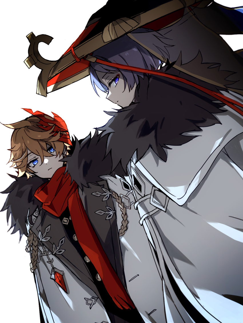 2boys ahoge aiguillette black_hair blue_eyes blunt_ends closed_mouth coat commentary_request crossed_bangs dutch_angle eyeshadow from_behind frown fur-trimmed_coat fur_trim genshin_impact gold_trim hair_between_eyes hat highres jingasa lapels looking_at_viewer looking_back makeup male_focus mask mask_on_head multiple_boys open_clothes open_coat orange_hair parted_bangs purple_eyes ra_suya red_eyeshadow red_hat red_mask red_scarf scaramouche_(genshin_impact) scarf serious short_hair simple_background tartaglia_(genshin_impact) veil white_background white_coat