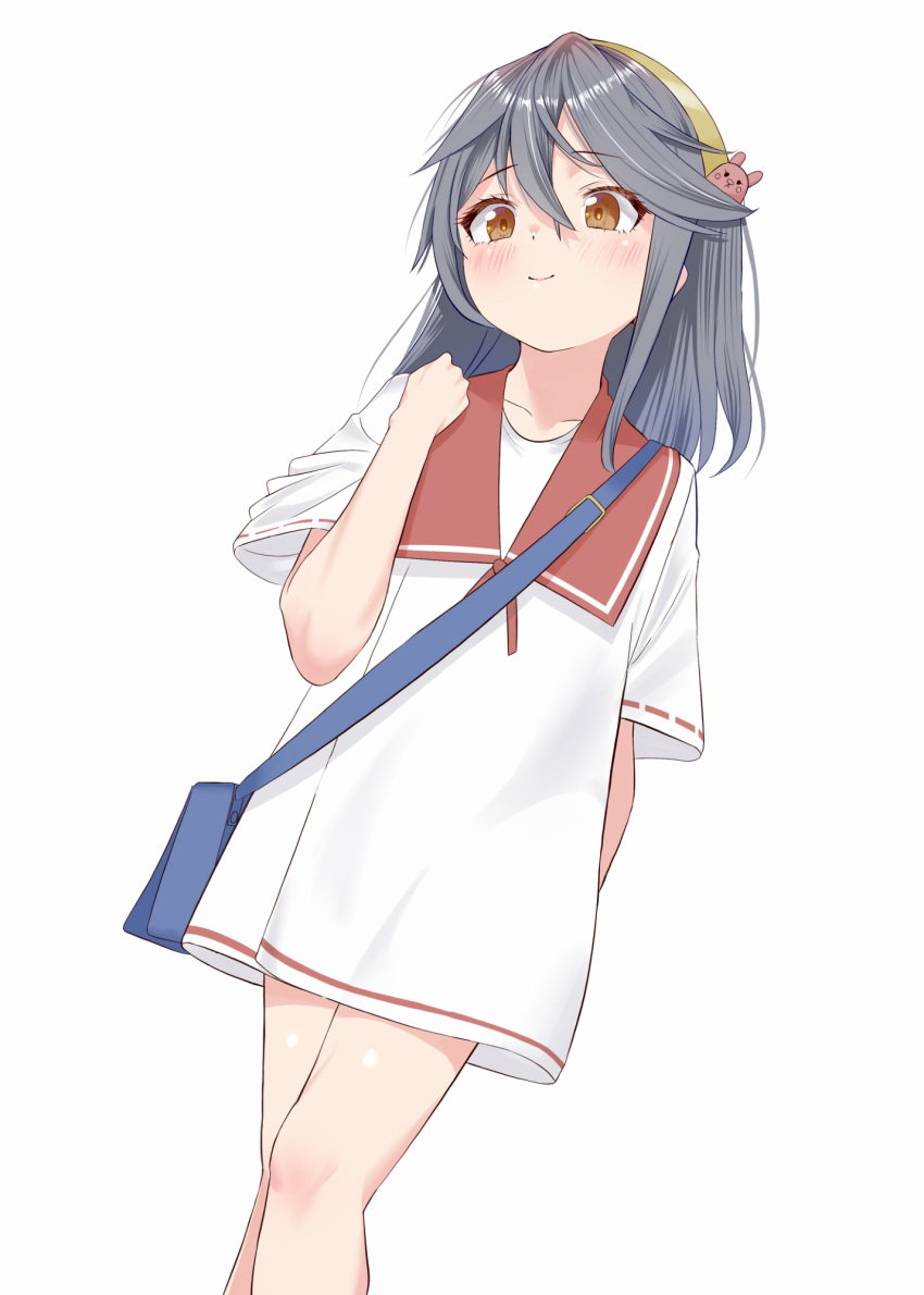 1girl aged_down bag black_hair breasts brown_eyes commentary_request dress feet_out_of_frame gold_hairband hairband haruna_(kancolle) highres kantai_collection medium_breasts red_sailor_collar sailor_collar sailor_dress sakurai_nana_(moshichi) simple_background solo white_background white_dress