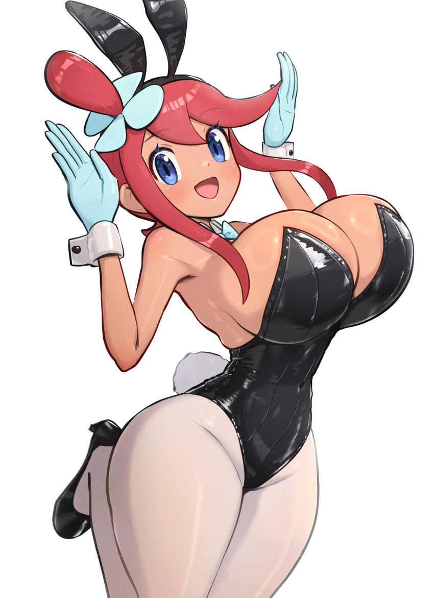 1girl absurdres animal_ears black_footwear black_leotard blue_eyes blue_gloves blush breasts cleavage covered_navel cowboy_shot curvy fake_animal_ears fake_tail gloves gonzarez hair_ornament high_heels highres huge_breasts jumping large_breasts leotard looking_at_viewer one_side_up open_mouth pantyhose playboy_bunny pokemon pokemon_bw rabbit_ears rabbit_pose rabbit_tail red_hair shiny_clothes short_hair_with_long_locks sidelocks simple_background skyla_(pokemon) smile solo swept_bangs tail white_background white_pantyhose wide_hips