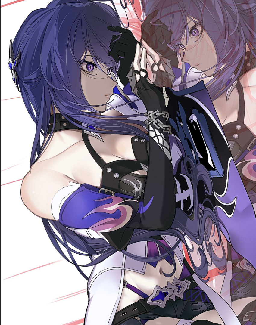 1girl acheron_(honkai:_star_rail) armpit_crease bandaged_arm bandaged_leg bandages belt black_belt black_choker black_gloves black_shorts breasts chain chain_around_arm choker cleavage coat collarbone commentary commentary_request criss-cross_halter gloves hair_ornament halterneck highres honkai:_star_rail honkai_(series) kamino_eru large_breasts long_hair looking_at_reflection midriff navel partial_commentary purple_eyes purple_hair reflection shorts single_bare_shoulder solo thighs unfinished very_long_hair white_coat