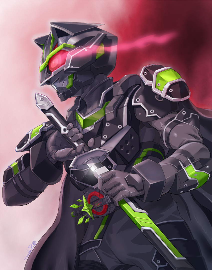 1boy animal_ears armor black_armor black_bodysuit bodysuit bujinsword_buckle cape desire_driver driver_(kamen_rider) fake_animal_ears glowing glowing_eyes helmet highres holding holding_sword holding_weapon huujyu kamen_rider kamen_rider_geats_(series) kamen_rider_tycoon kamen_rider_tycoon_bujinsword katana male_focus raccoon_ears red_eyes red_visor sheath sword unsheathing weapon