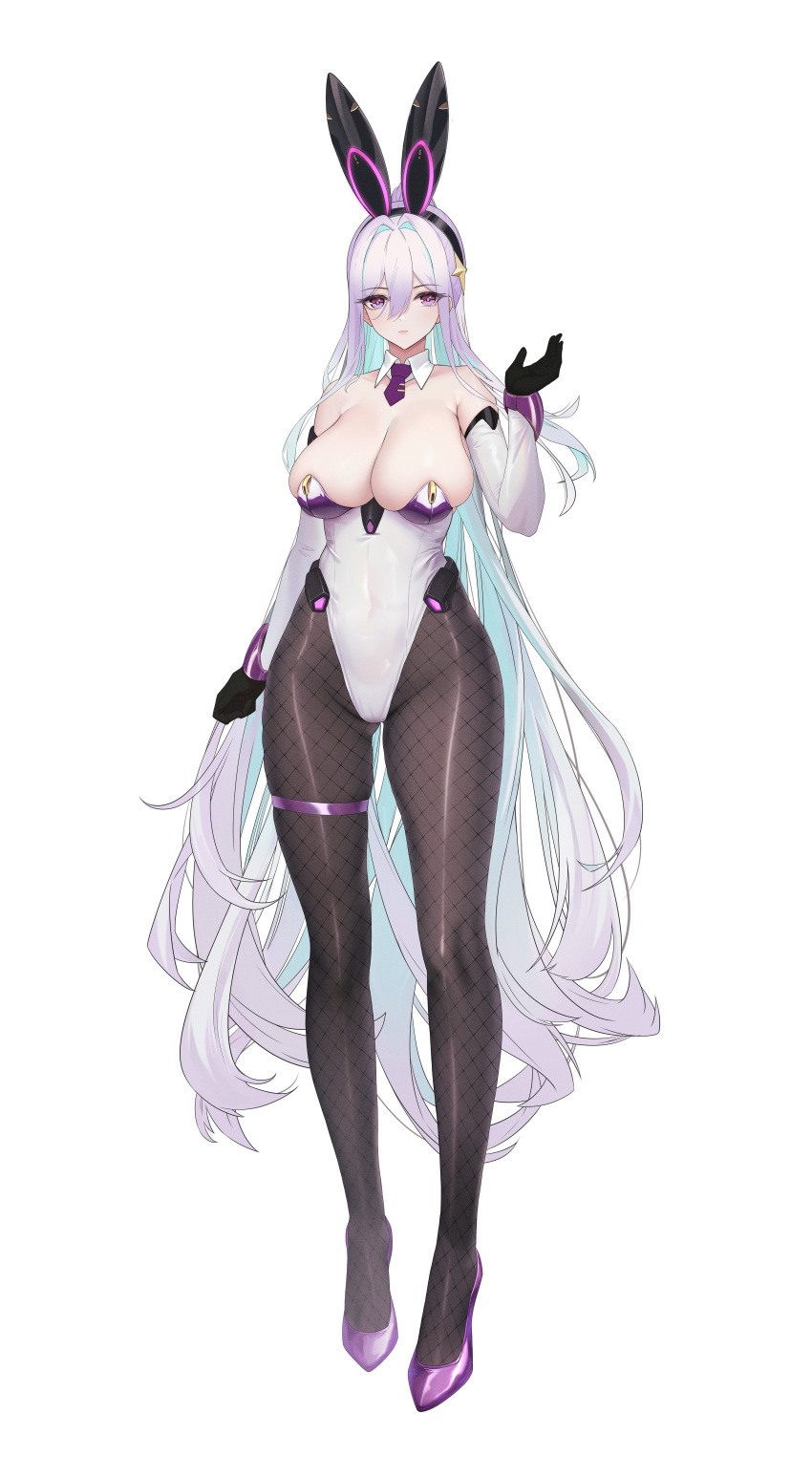 1girl absurdres animal_ears aqua_pupils azur_lane breasts cleavage detached_collar elbow_gloves expressionless fake_animal_ears fishnet_pantyhose fishnets full_body gloves hand_up highres kading_boluo kearsarge_(all_night_charge)_(azur_lane) kearsarge_(azur_lane) large_breasts leotard long_hair multicolored_clothes multicolored_gloves multicolored_leotard necktie official_alternate_costume pantyhose playboy_bunny purple_leotard short_necktie solo standing strapless strapless_leotard taut_leotard thigh_strap two-tone_gloves two-tone_leotard undersized_breast_cup white_background white_hair white_leotard