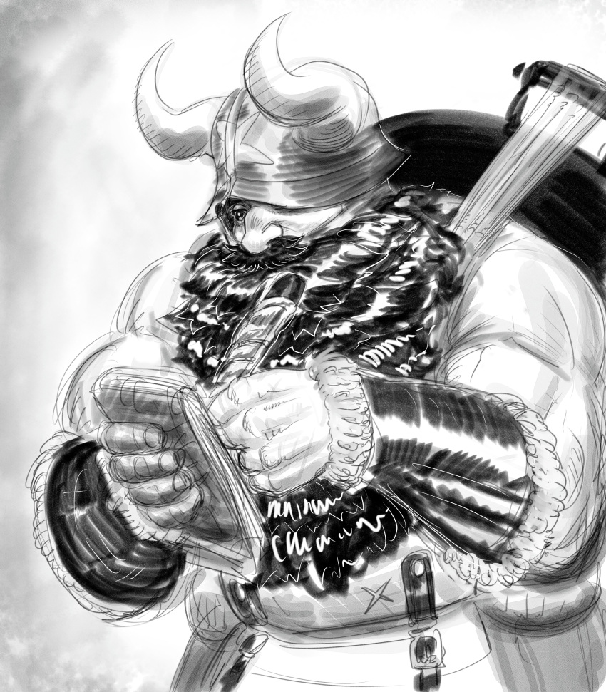 1boy absurdres alternate_muscle_size beard biceps big_nose cowboy_shot dungeon_meshi dwarf facial_hair fake_horns greyscale hat_over_one_eye helmet highres holding holding_notebook horned_helmet horns jackie_skelly long_beard male_focus mature_male monochrome muscular muscular_male notebook realistic senshi_(dungeon_meshi) sketch solo standing thick_mustache tsurime very_long_beard writing