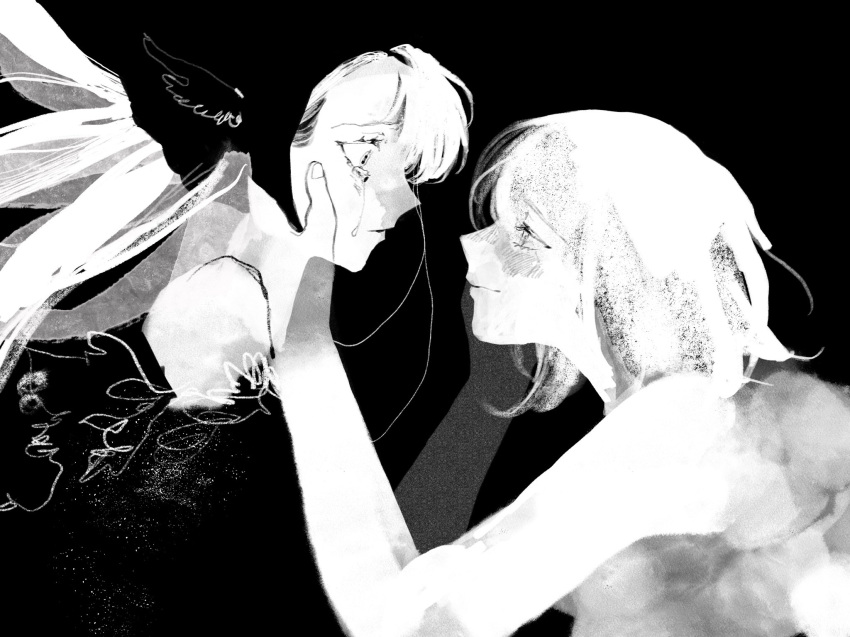 2girls blush closed_mouth cmnmo commentary crying crying_with_eyes_open dress dungeon_meshi ear_covers elf eye_contact falin_touden greyscale highres long_hair looking_at_another marcille_donato marcille_donato_(lord) monochrome multiple_girls off-shoulder_dress off_shoulder pointy_ears short_hair smile tears upper_body yuri