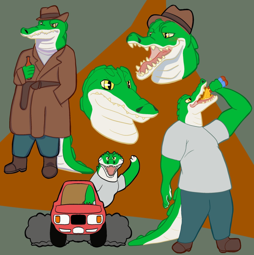 alcohol alligator alligatorid anonymous_artist anthro beer beverage bottle clothed clothing cregon crocodile crocodilian crocodylid drunk fedora fully_clothed green_body hat headgear headwear hi_res intoxification male reptile scalie solo substance_intoxication trucker white_body yellow_eyes