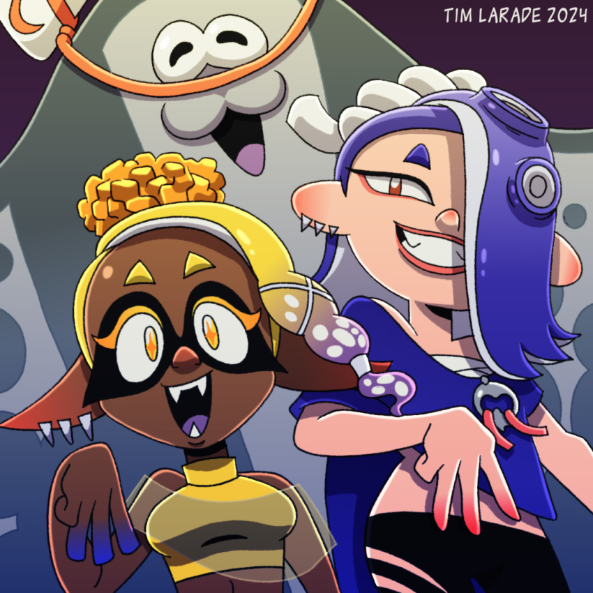 +_+ 1boy 2024 2girls artist_name big_man_(splatoon) blonde_hair blue_hair breasts chest_sarashi commentary crop_top dark-skinned_female dark_skin earrings english_commentary fangs frye_(splatoon) gradient_hair grin hair_over_one_eye inkling jewelry lips medium_breasts multicolored_hair multiple_girls octoling open_mouth purple_hair red_eyes sarashi shiver_(splatoon) single_earring smile splatoon_(series) splatoon_3 tim_larade turtleneck yellow_eyes