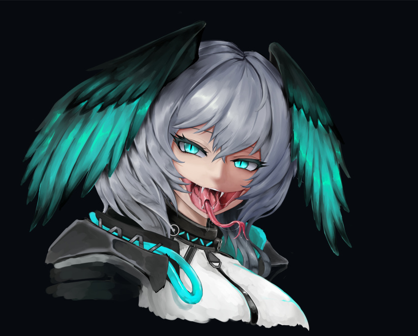 1girl absurdres arknights black_background black_feathers black_wings blue_eyes blue_feathers blue_wings commentary_request crossed_bangs fangs feathered_wings feathers forked_tongue grey_hair hair_between_eyes head_wings highres ho'olheyak_(arknights) infection_monitor_(arknights) looking_at_viewer open_mouth saliva simple_background slit_pupils solo tongue two-tone_wings wings xiniu_r&amp;f_(lande_hua_hua)