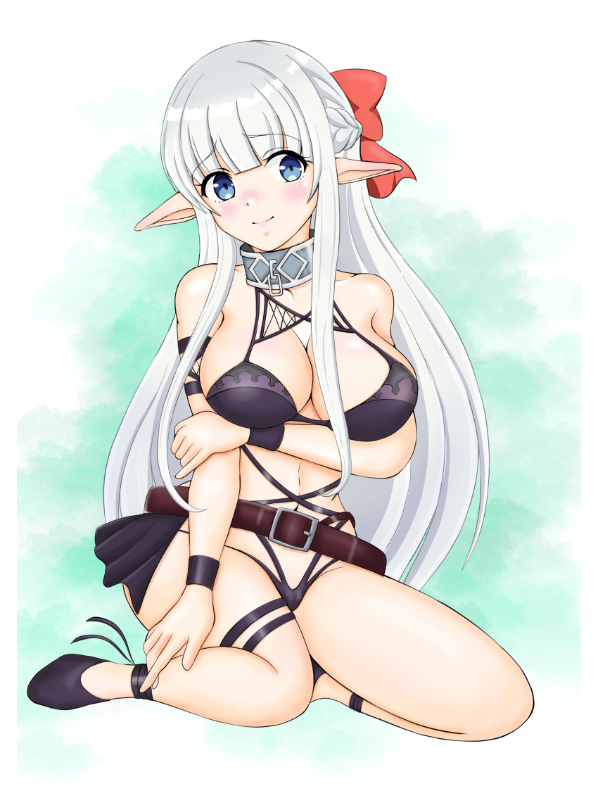 1girl absurdres arm_under_breasts belt blue_eyes blush bondage_outfit braid breasts closed_mouth collar elf eyebrows_hidden_by_hair full_body hair_between_breasts hair_between_eyes hair_ribbon highres large_breasts large_ribbon long_hair looking_at_viewer maou_no_ore_ga_dorei_elf_wo_yome_ni_shitanda_ga_dou_medereba_ii? metal_collar nephelia pointy_ears red_ribbon ribbon simple_background sitting smile solo user_nxrh7488 very_long_hair white_hair