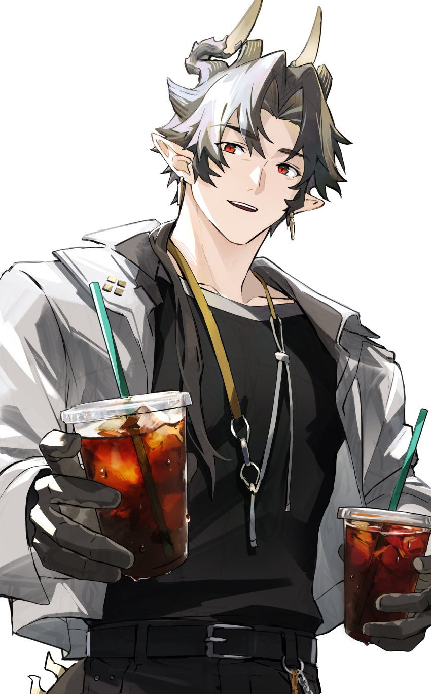 1boy absurdres arknights belt black_belt black_shirt chong_yue_(arknights) commentary condensation cup disposable_cup dragon_boy dragon_horns dragon_tail drink drinking_straw ear_piercing grey_jacket highres holding holding_cup holding_drink horns jacket looking_at_viewer male_focus multicolored_hair okonon_(kado_colda) open_mouth piercing pointy_ears red_eyes shirt smile tail white_background