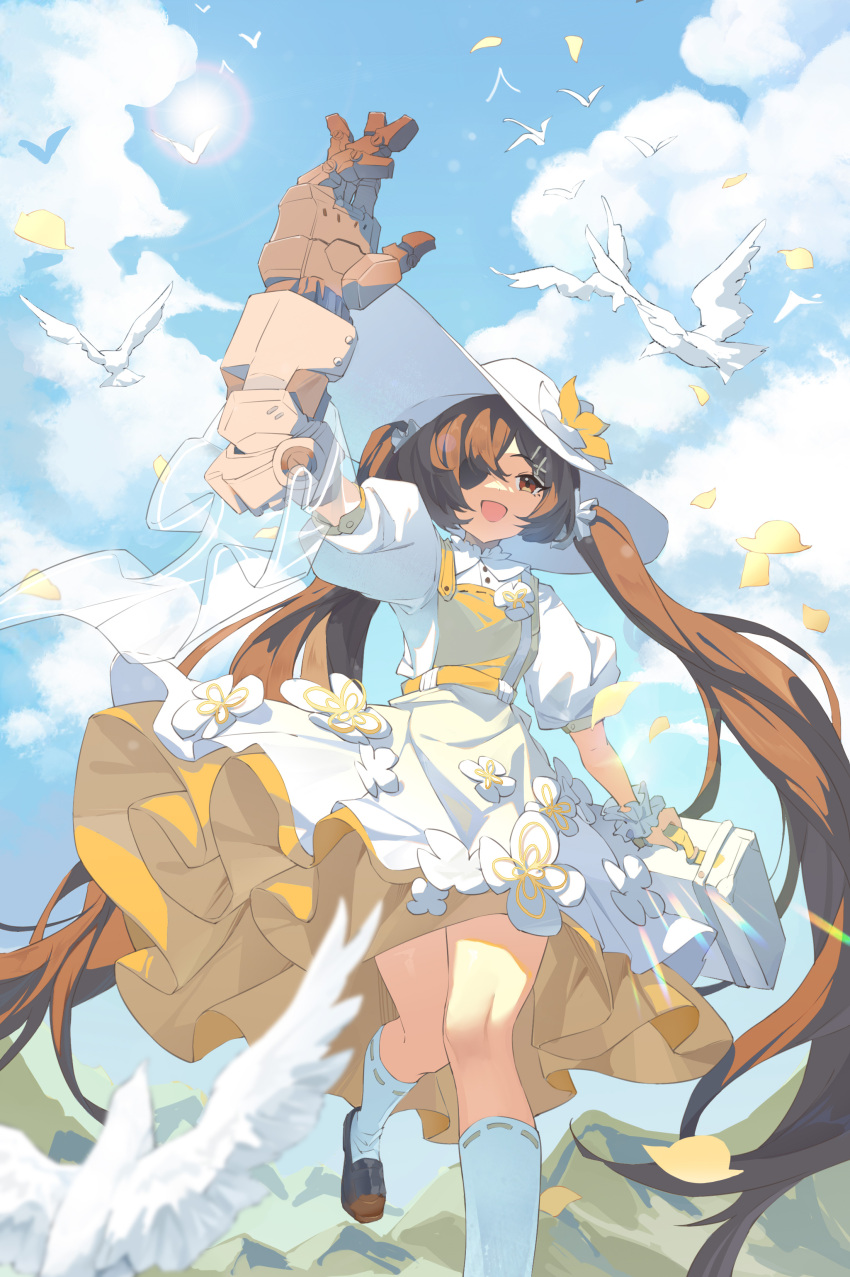 1girl absurdres alchemy_stars arm_up bird breasts briefcase brown_eyes brown_footwear brown_hair cloud cloudy_sky dress eve_(alchemy_stars) eyebrows_hidden_by_hair eyepatch falling_petals flower frilled_dress frilled_wrist_cuffs frills hat hat_flower highres holding holding_briefcase knees_together_feet_apart large_hat lens_flare long_hair mechanical_arms mountainous_horizon official_alternate_costume open_mouth petals shi_yao single_mechanical_arm sky small_breasts smile socks solo sun_hat twintails two-tone_dress very_long_hair walking white_dress white_hat white_socks wrist_cuffs yellow_dress