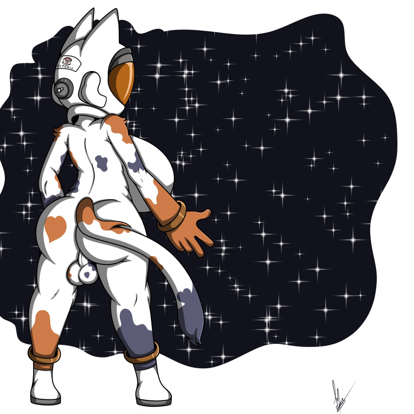 absurd_res anthro astronaut balls big_breasts breasts butt calico_cat domestic_cat felestell felid feline felis genitals gynomorph hi_res intersex mammal nude rear_view signature space standing tagme