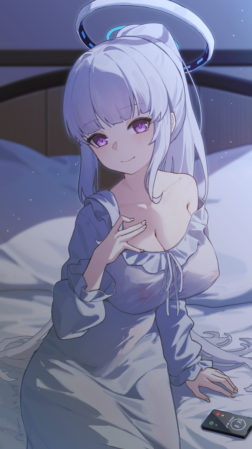 1girl absurdres bed bed_sheet blue_archive breasts cellphone chiyo_akira cleavage closed_mouth covered_nipples halo highres indoors large_breasts long_hair long_sleeves mechanical_halo noa_(blue_archive) phone pillow purple_eyes sitting smartphone smile solo white_hair