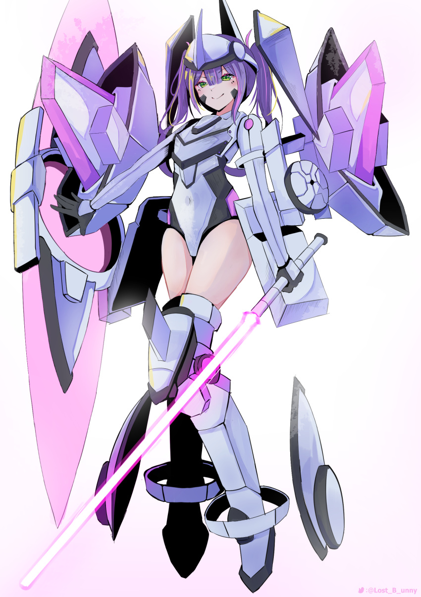 1girl absurdres alternate_costume armor blush boots energy_sword eyeshadow green_eyes highres holding holding_lightsaber holding_weapon hololive knee_boots lightsaber long_hair lost_b'unny makeup multicolored_hair pink_hair purple_hair purple_lightsaber science_fiction shield simple_background smile solo sword tokoyami_towa twintails twitter_logo twitter_username virtual_youtuber weapon white_armor white_background