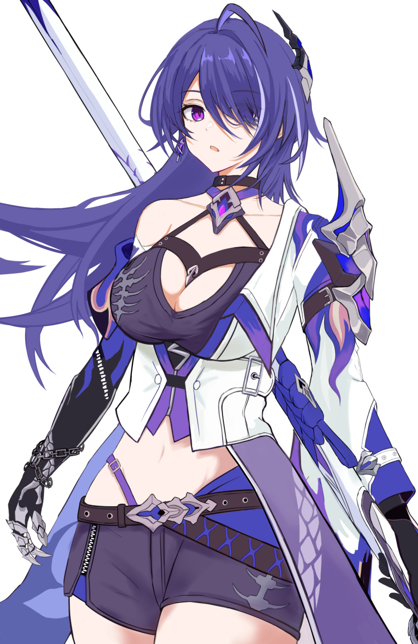 1girl acheron_(honkai:_star_rail) ahoge armor bandaged_arm bandages belt black_belt black_choker black_gloves black_shorts breasts chain chain_around_arm choker cleavage coat coattails cowboy_shot criss-cross_halter detached_sleeves earrings eyes_visible_through_hair gloves hair_ornament hair_over_one_eye halterneck highres holding holding_sword holding_weapon honkai:_star_rail honkai_(series) jewelry koenza_botoke large_breasts looking_at_viewer midriff multicolored_hair navel open_mouth purple_eyes purple_hair scabbard sheath sheathed shorts shoulder_armor simple_background single_bare_shoulder single_detached_sleeve solo streaked_hair sword thighs weapon white_background white_coat