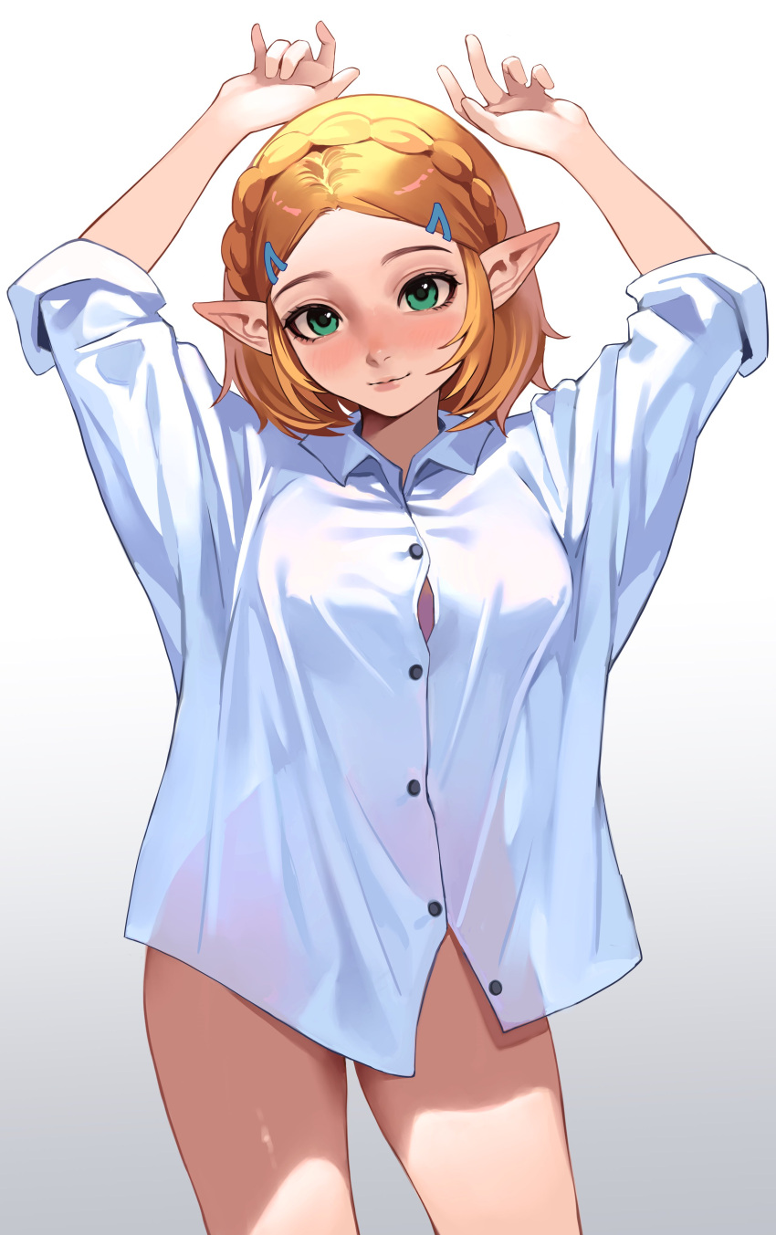 1girl absurdres alternate_costume arms_up blonde_hair braid collared_shirt green_eyes hair_ornament hairclip highres looking_at_viewer naked_shirt pointy_ears princess_zelda shirt short_hair sleeves_rolled_up solo sverhnova the_legend_of_zelda the_legend_of_zelda:_breath_of_the_wild white_background white_shirt