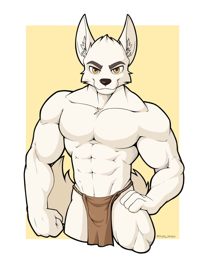 anjing_kampuss anthro anubian_jackal canid canine canis clothing eyebrows fur half-length_portrait hi_res jackal loincloth male mammal muscular muscular_anthro muscular_male portrait simple_background solo wawik white_body white_fur yellow_eyes