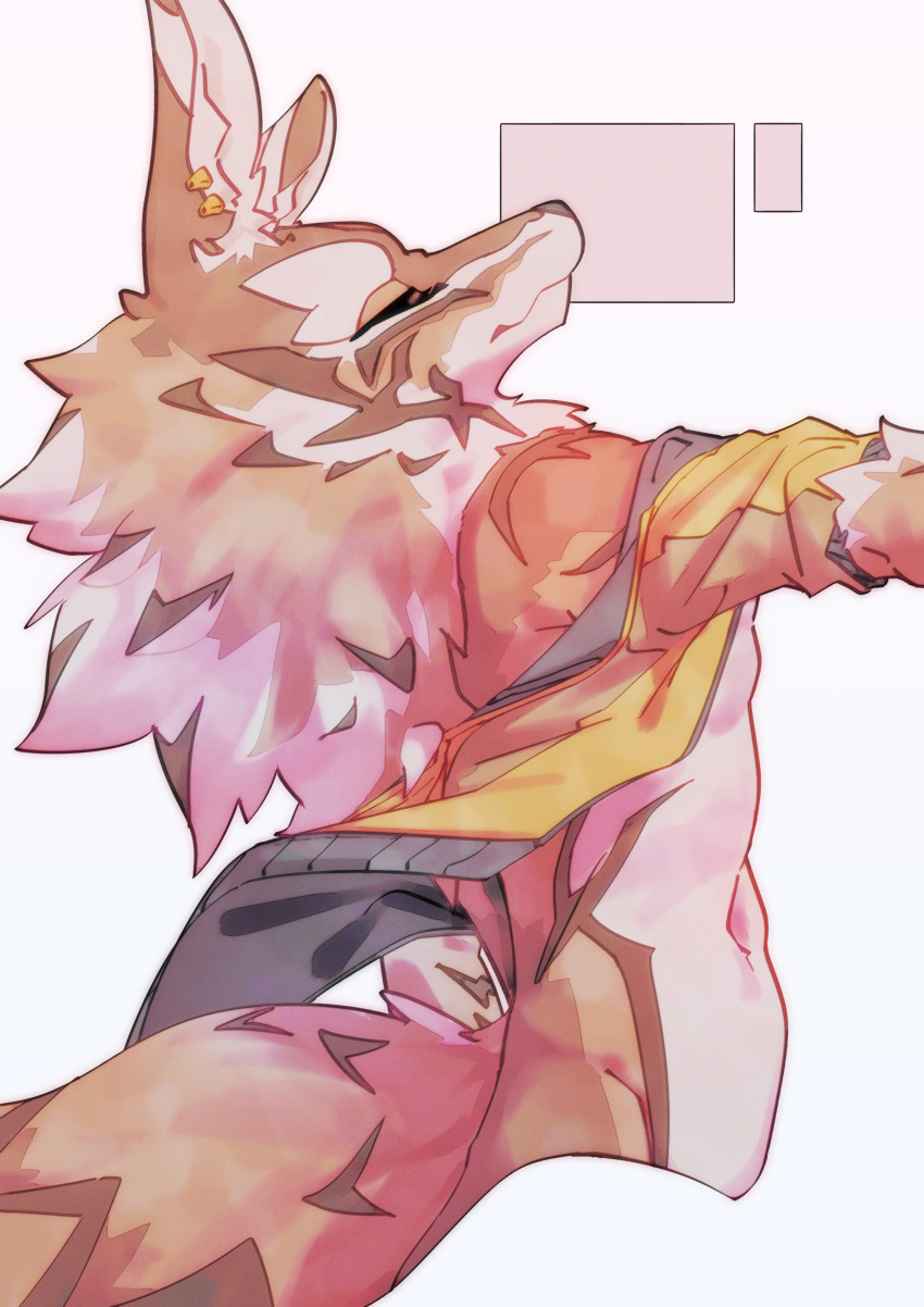 2024 absurd_res anthro brown_body brown_fur canid canine canis clothed clothing eyes_closed fur hi_res jackal jacket ka_ramono lifewonders male mammal open_clothing seth_(tas) solo striped_body striped_fur stripes tokyo_afterschool_summoners topwear white_body