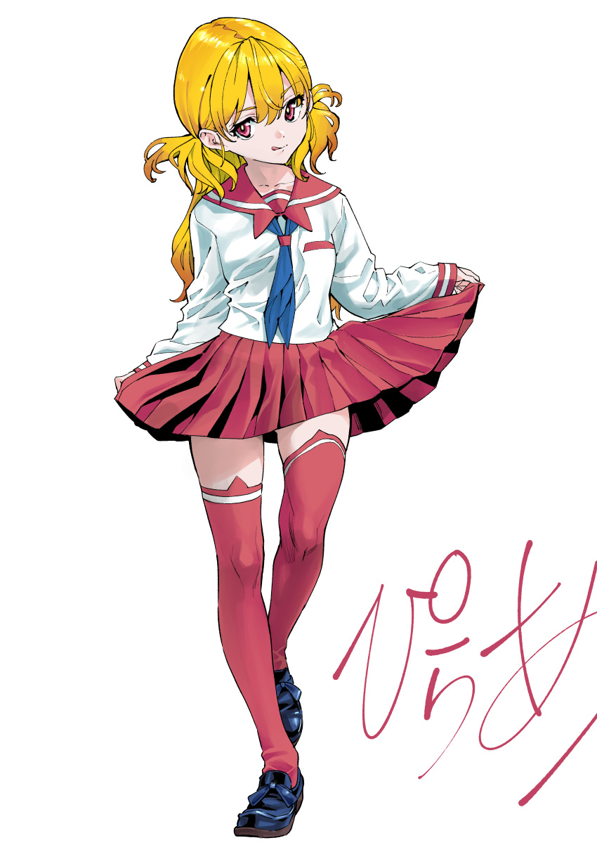 1girl :q absurdres blonde_hair blue_neckerchief hashiguchi_takashi highres loafers looking_at_viewer neckerchief original pink_eyes red_sailor_collar red_skirt red_thighhighs sailor_collar school_uniform shoes simple_background skirt skirt_hold smile solo thighhighs tongue tongue_out twintails white_background zettai_ryouiki