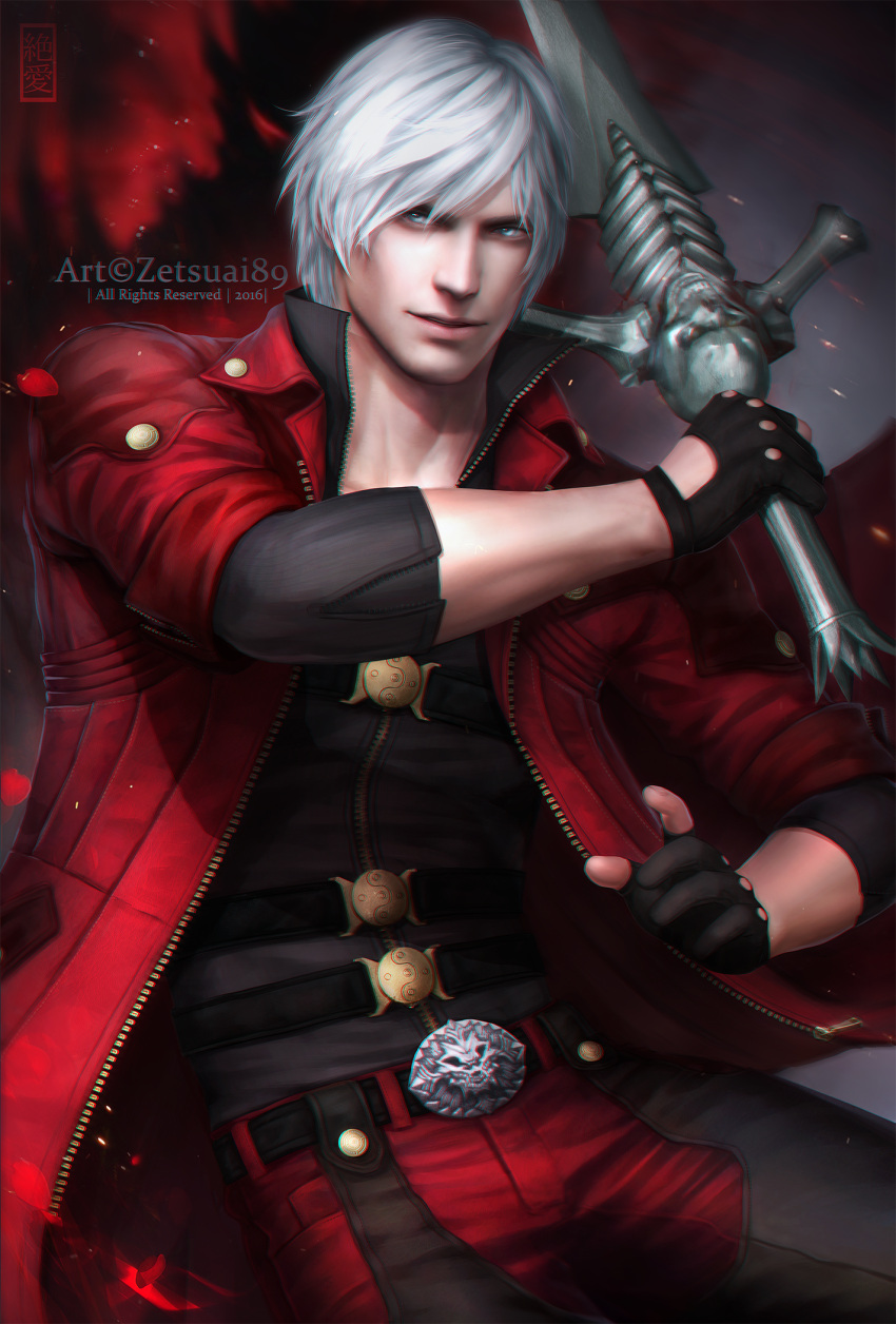 1boy artist_name bishounen black_gloves blue_eyes coat copyright_name dante_(devil_may_cry) devil_may_cry_(series) devil_may_cry_4 facial_hair fingerless_gloves gloves highres holding lips looking_at_viewer male_focus mature_male muscular muscular_male nose photorealistic realistic rebellion_(sword) red_coat smile solo sword weapon white_hair zetsuai89