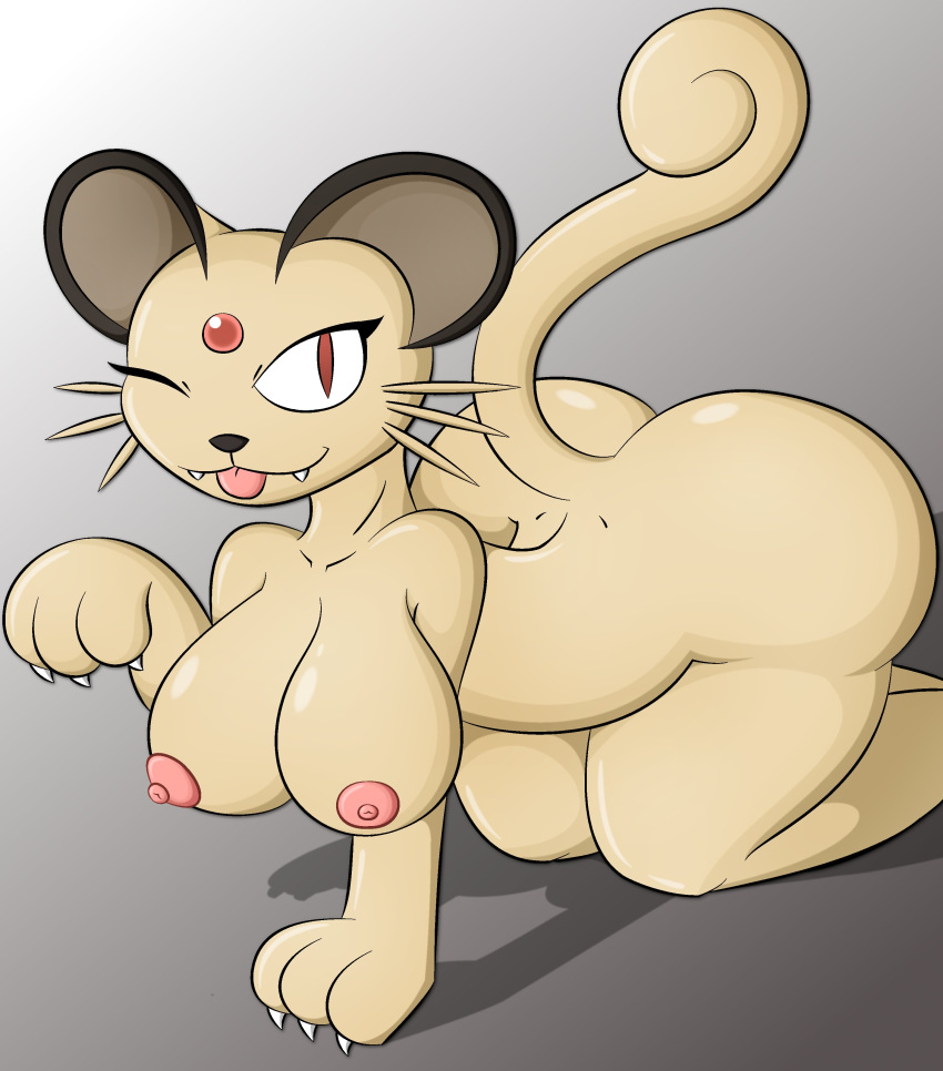 2024 absurd_res all_fours anthro areola beckoning big_breasts big_butt black_nose blep breasts butt curvy_figure cute_fangs female forehead_gem fur gem generation_1_pokemon gesture grey_background hi_res nintendo nipples nude one_eye_closed persian_(pokemon) pink_areola pink_nipples pokemon pokemon_(species) red_eyes simple_background solo tail tan_body tan_fur tongue tongue_out wide_hips zinzoa