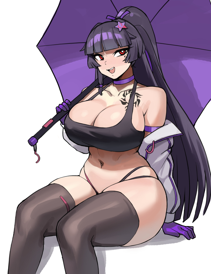 1girl absurdres bare_shoulders black_sports_bra blunt_bangs blush bright_pupils chest_tattoo choker collarbone commission covered_nipples donburi_(donburikazoku) gloves grey_thighhighs hair_ornament hair_ribbon hand_up high_ponytail highleg highres holding holding_umbrella invisible_chair jacket long_hair long_sleeves looking_at_viewer mole mole_under_eye navel nose_blush open_mouth purple_choker purple_gloves purple_ribbon red_eyes ribbon sitting solo sports_bra star_(symbol) star_hair_ornament tatakau_ataisuru tattoo teeth thick_thighs thighhighs thighs umbrella upper_teeth_only very_long_hair white_jacket white_pupils yamaguchi_ryouko