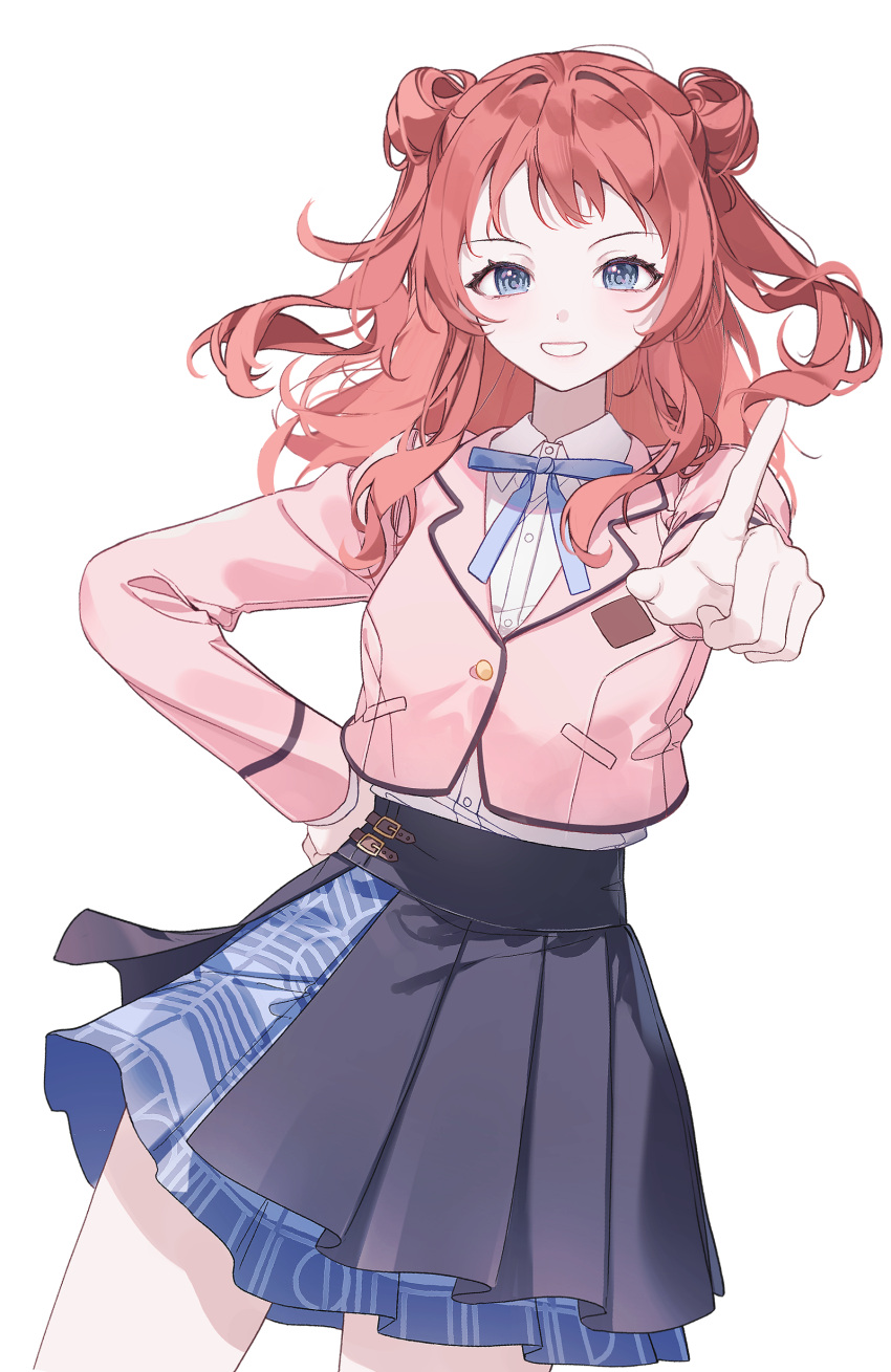 1girl absurdres alsl8810 blue_eyes blue_ribbon blush brown_hair brown_jacket cropped_jacket double_bun dutch_angle gakuen_idolmaster hair_bun hanami_saki hand_on_own_hip highres idolmaster jacket layered_skirt long_hair long_sleeves looking_at_viewer neck_ribbon pleated_skirt pointing pointing_at_viewer ribbon school_uniform shirt simple_background skirt smile solo white_background white_shirt