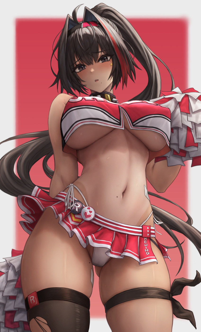 1girl ahoge ass_visible_through_thighs bandaid_on_stomach bandaid_on_thigh bare_shoulders bay_(nikke) black_hair black_thighhighs border breasts cameltoe cheerleader collar crop_top dark-skinned_female dark_skin furrowed_brow goddess_of_victory:_nikke grey_eyes hair_between_eyes hair_intakes hairband highleg highleg_panties highres holding holding_pom_poms kinoko_kun large_breasts linea_alba lock long_hair looking_at_viewer mole mole_on_stomach mole_on_thigh mole_under_eye mole_under_mouth multicolored_hair navel padlock padlocked_collar panties parted_lips pom_pom_(cheerleading) ponytail red_background red_hair side-tie_panties single_thighhigh skindentation solo spiked_collar spikes star_sticker sticker_on_face stomach streaked_hair tan tanlines teeth thick_thighs thighhighs thighs toned_female torn_clothes torn_thighhighs two-tone_skirt two-tone_tank_top underboob underwear upper_teeth_only very_long_hair white_border white_panties