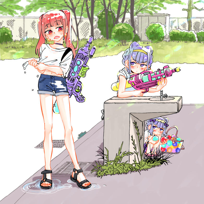 3girls aisaki_emiru bangs bare_legs blunt_bangs blush bow braid bush choker d: double_bun drinking_fountain dual_persona expressionless faucet french_braid grass hair_bow hairband hugtto!_precure long_hair looking_at_another monster_rally multiple_girls older open_mouth outdoors precure purple_eyes purple_hair red_eyes ruru_amour sandals shirt short_shorts shorts sidelocks sideways_glance sleeves_rolled_up time_paradox tree twintails water_balloon water_gun weeds wet wet_clothes wet_shirt younger